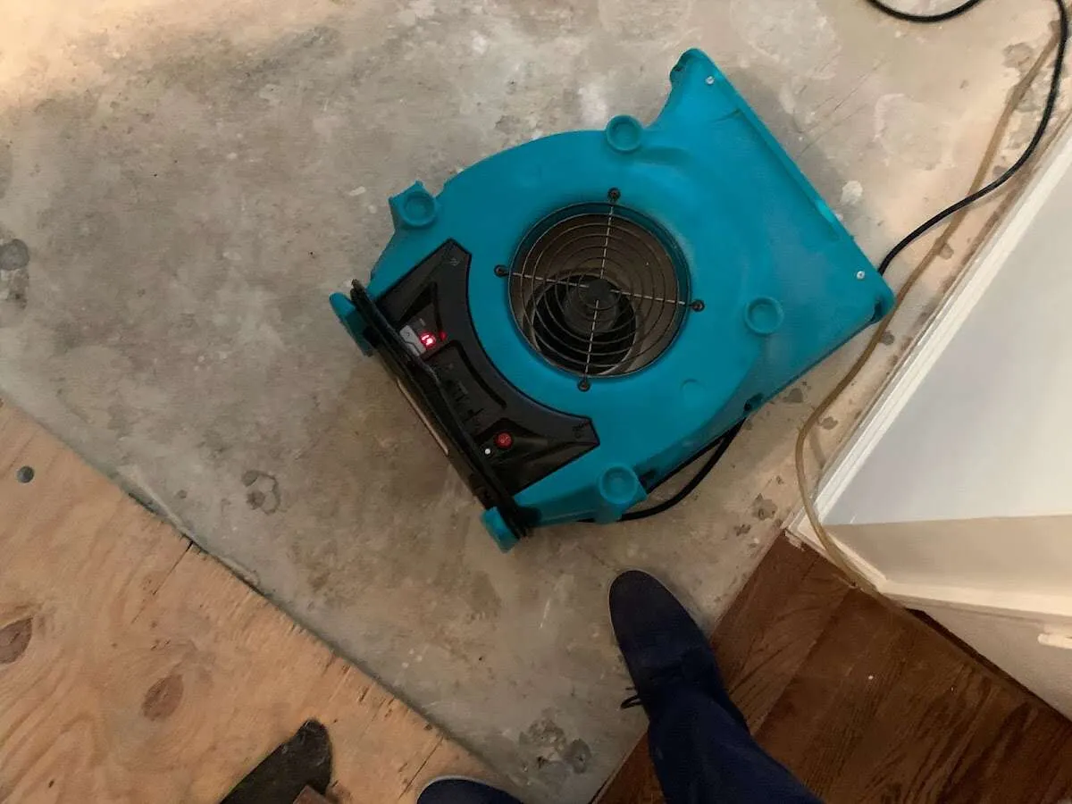 Air mover drying subfloor during Commercial Water Damage Restoration in Selma